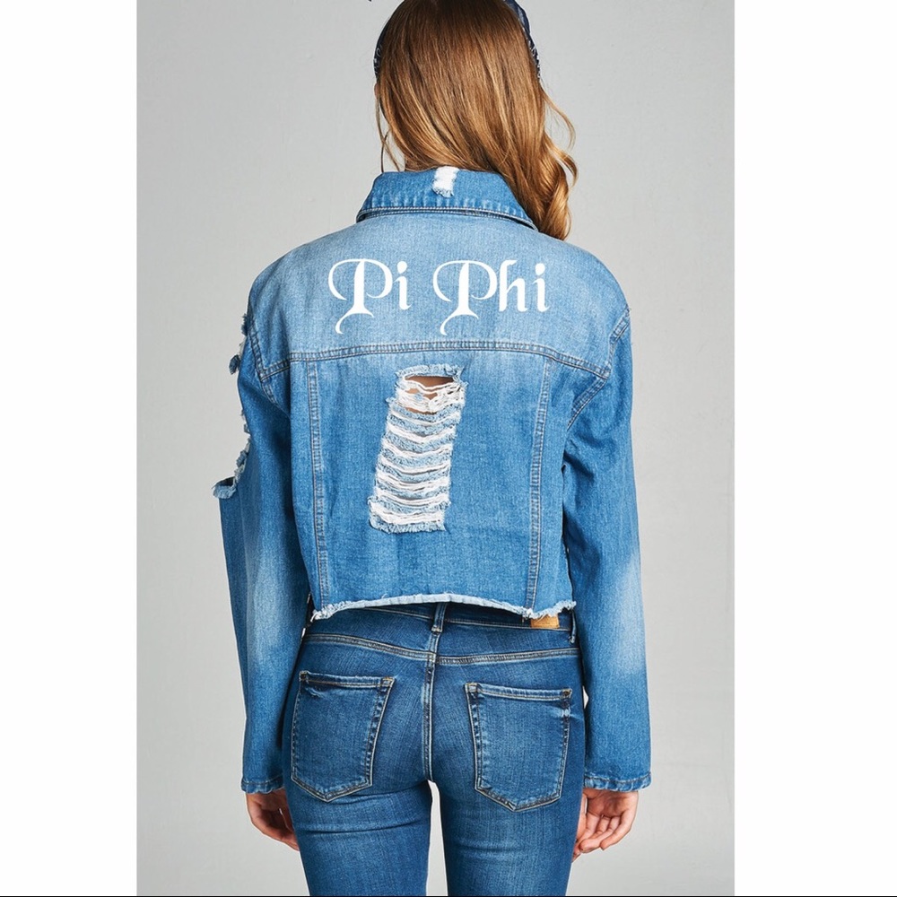 “Pi Phi” Sorority Cropped Distressed Denim Jacket